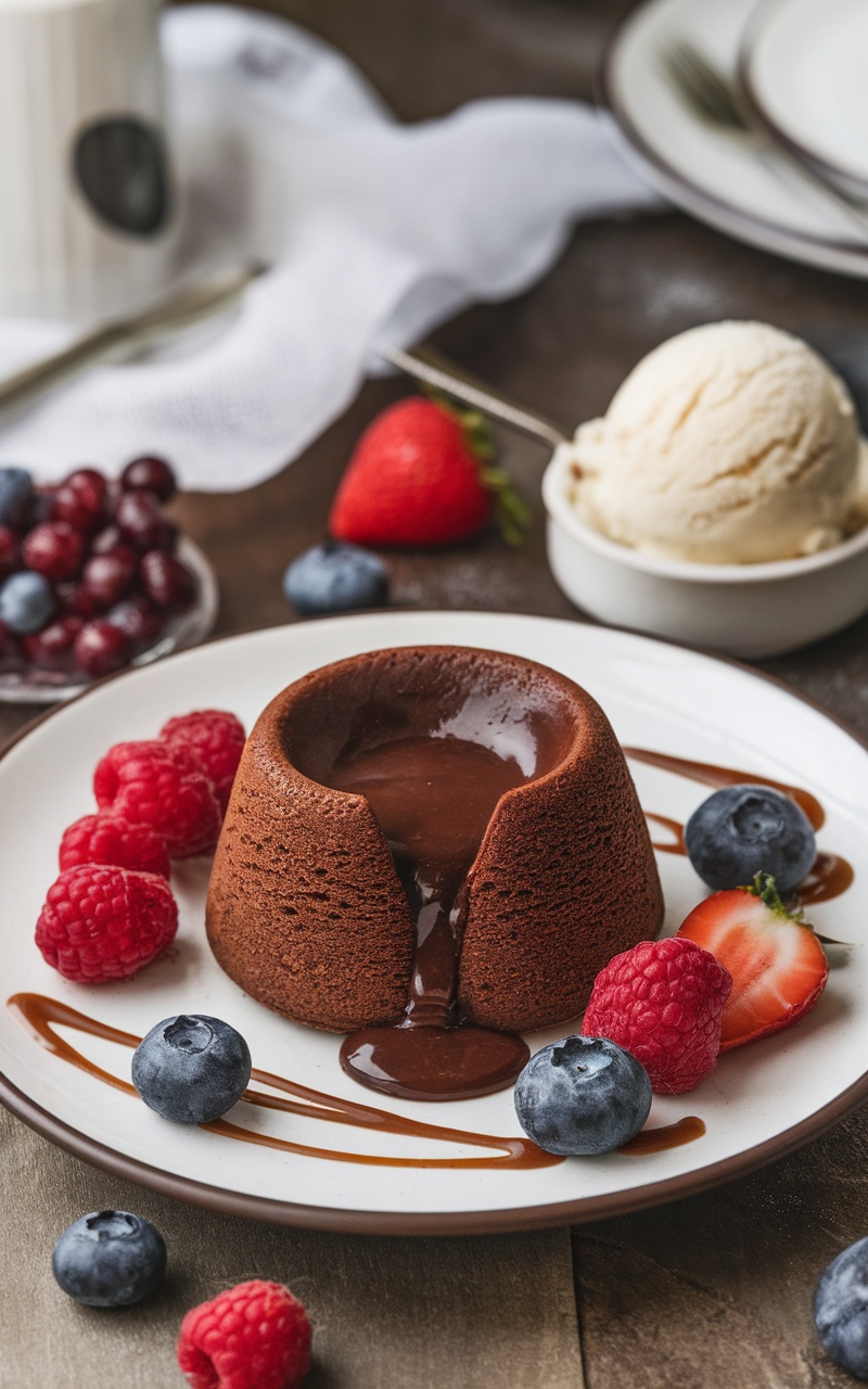 A delicious Keto Chocolate Lava Cake served with fresh berries and ice cream.