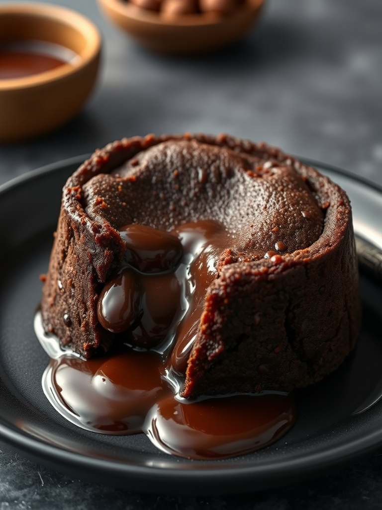 Keto Chocolate Lava Cake with gooey chocolate center on a black plate