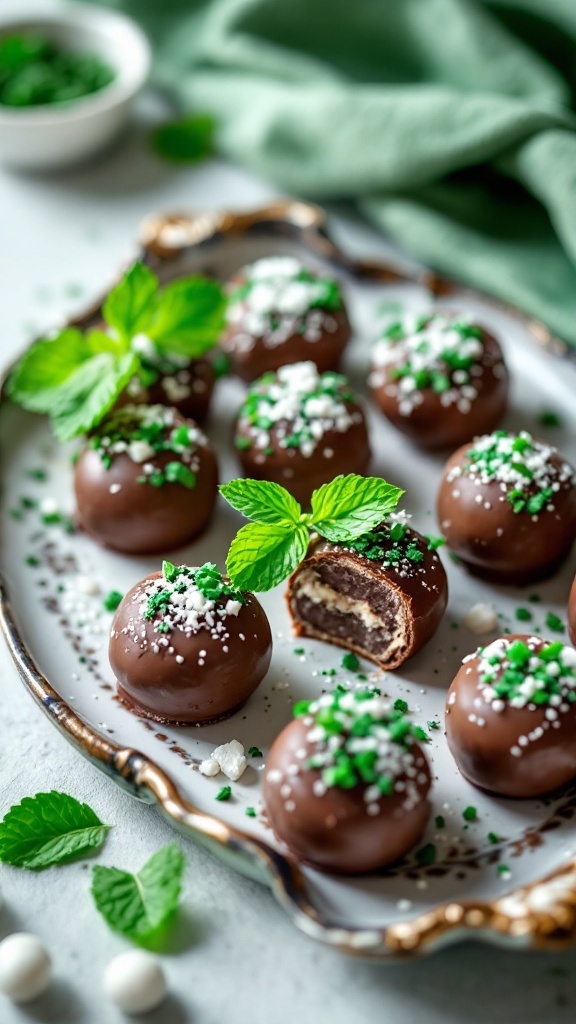 A plate of chocolate mint fat bombs decorated with mint leaves and colorful sprinkles.