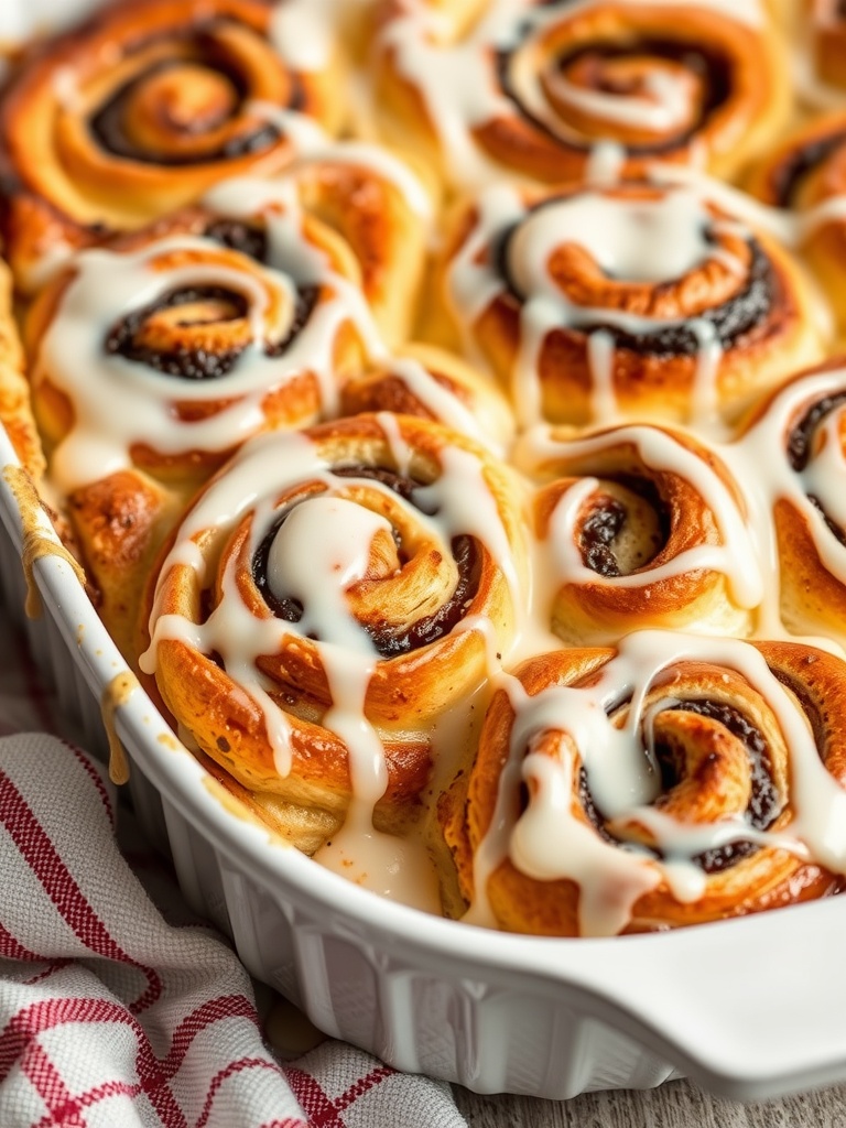 Keto Cinnamon Roll Casserole topped with cream cheese frosting.