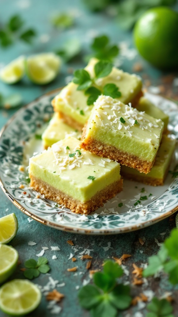 Keto Coconut Lime Bars on a decorative plate with lime slices