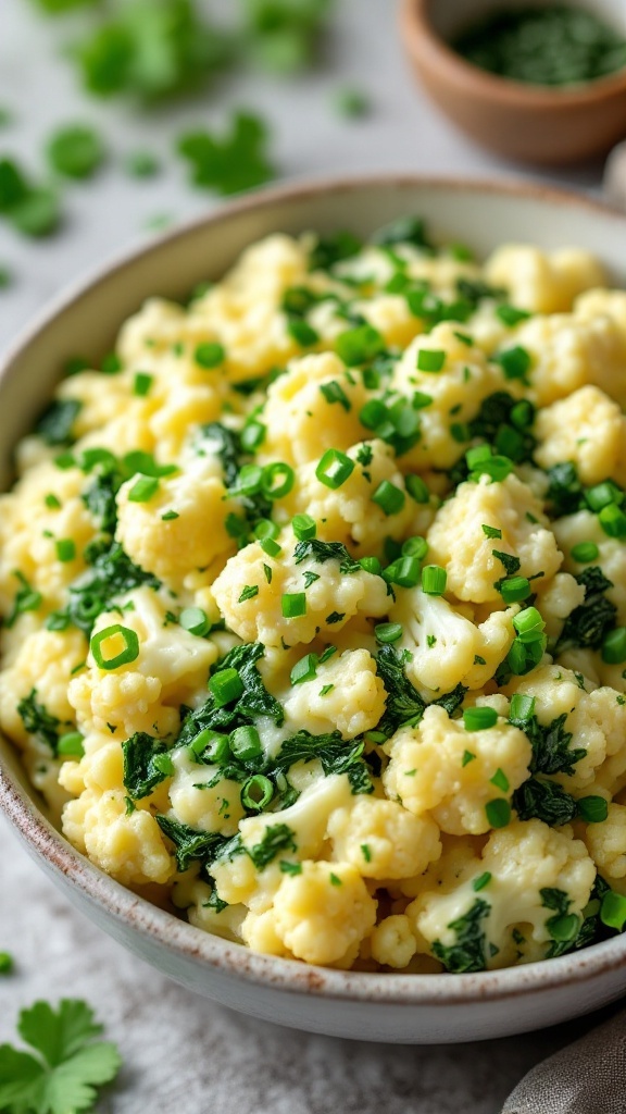 A bowl of creamy Keto Colcannon with green onions on top.