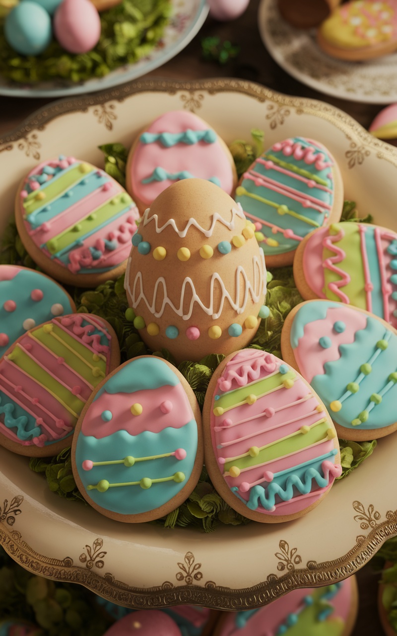 Colorful decorated Easter egg cookies on a platter