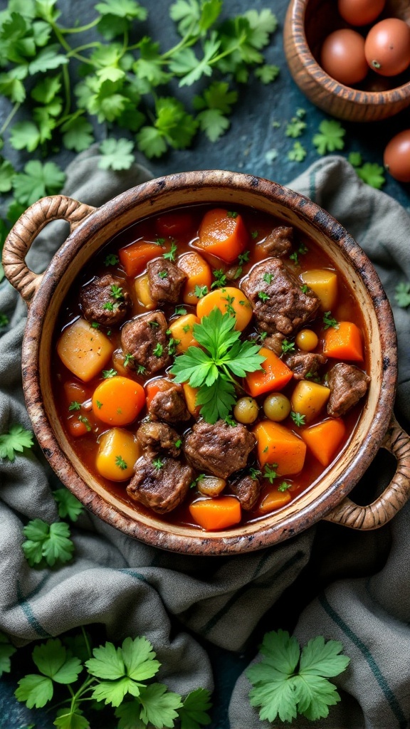 A bowl of hearty keto Irish beef stew with vegetables