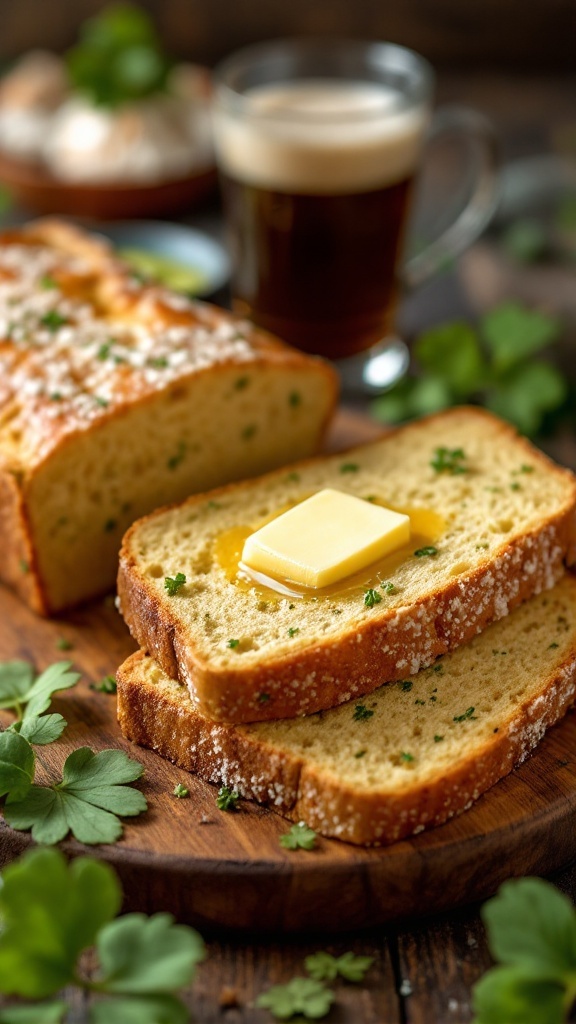 Slices of keto Irish soda bread with butter on a wooden board