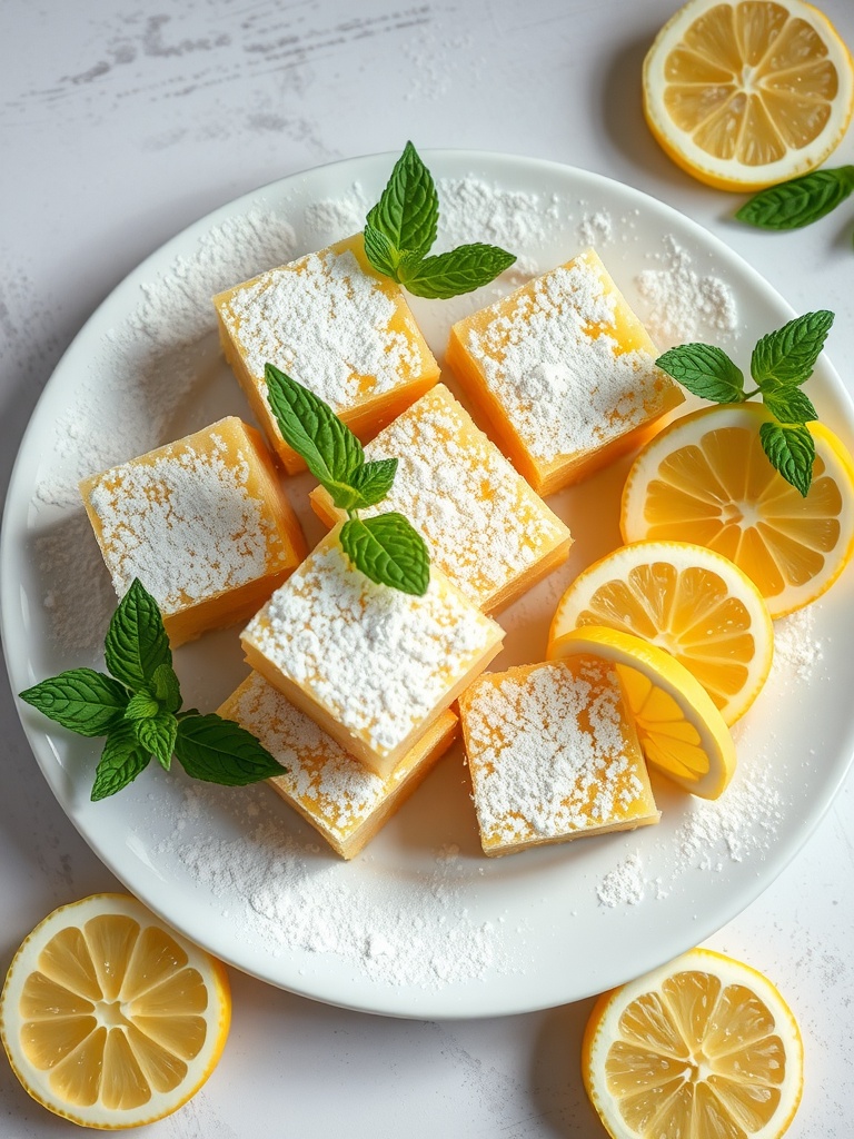 Keto lemon bars with mint and lemon slices on a plate