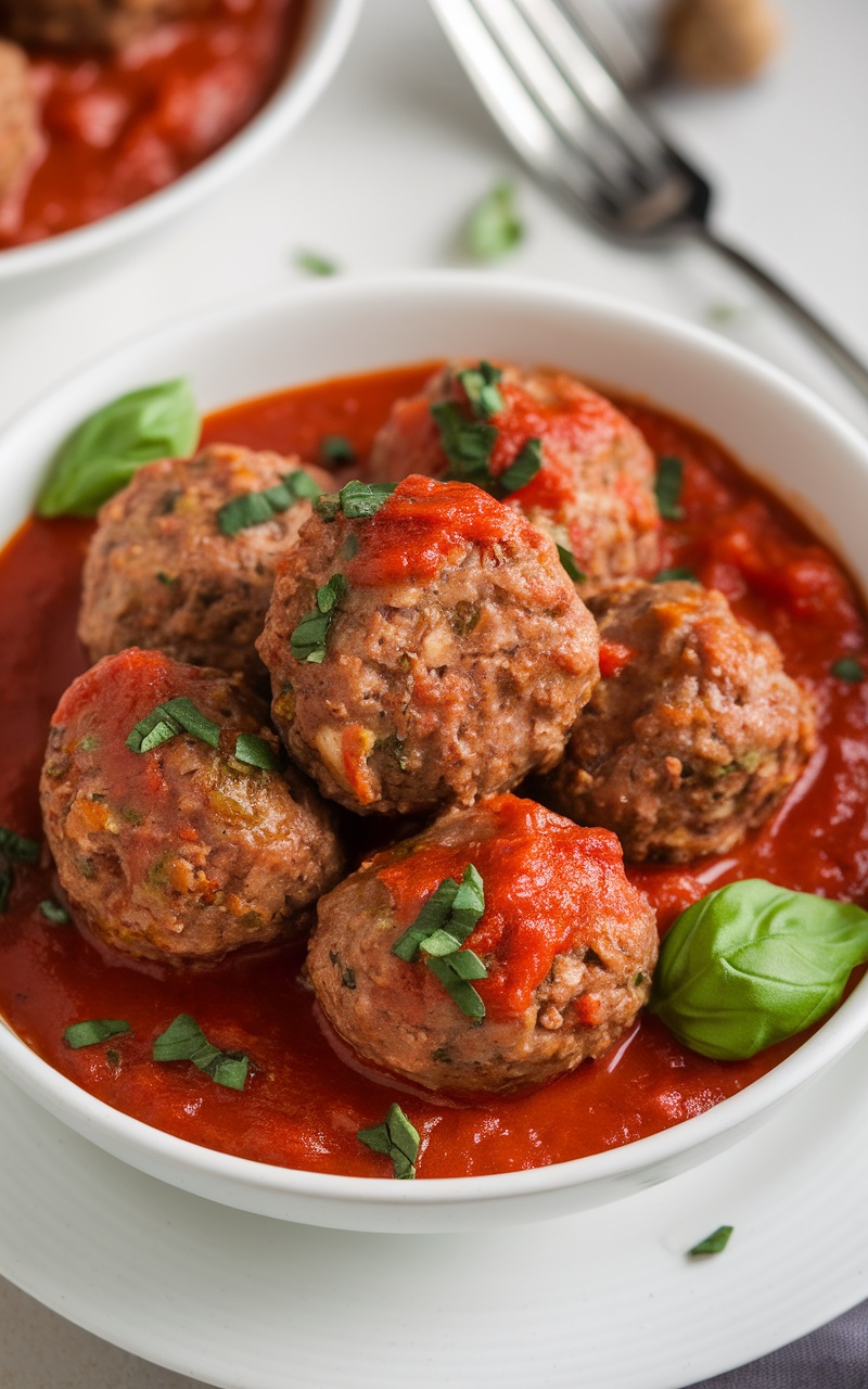 Delicious Keto meatballs in marinara sauce garnished with fresh basil