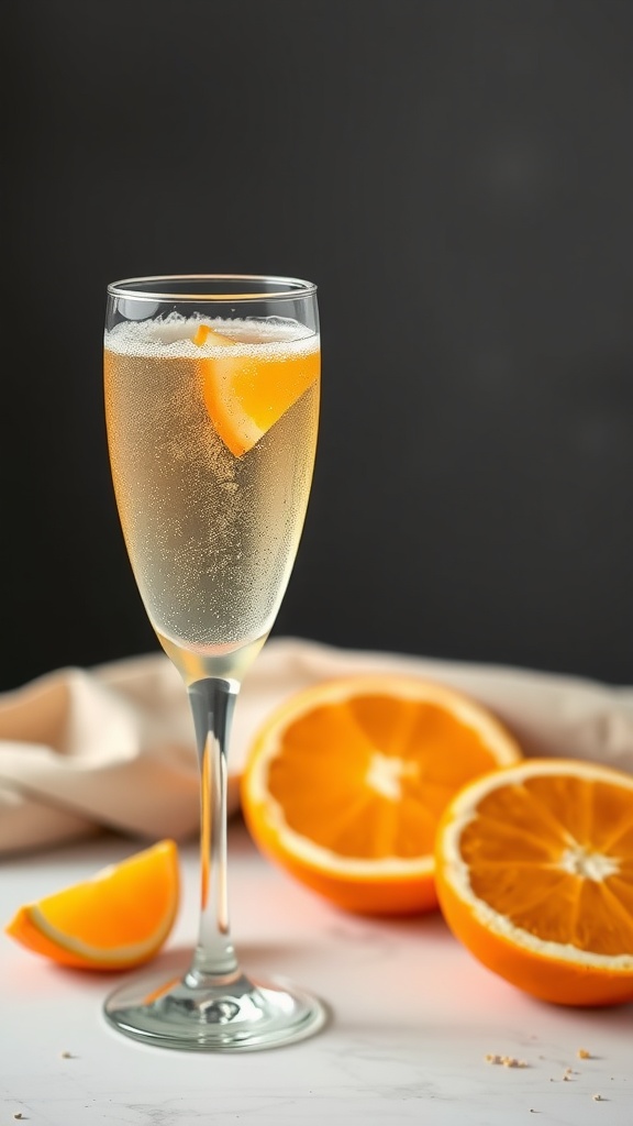 A refreshing Keto Mimosa with bubbles, garnished with an orange slice.