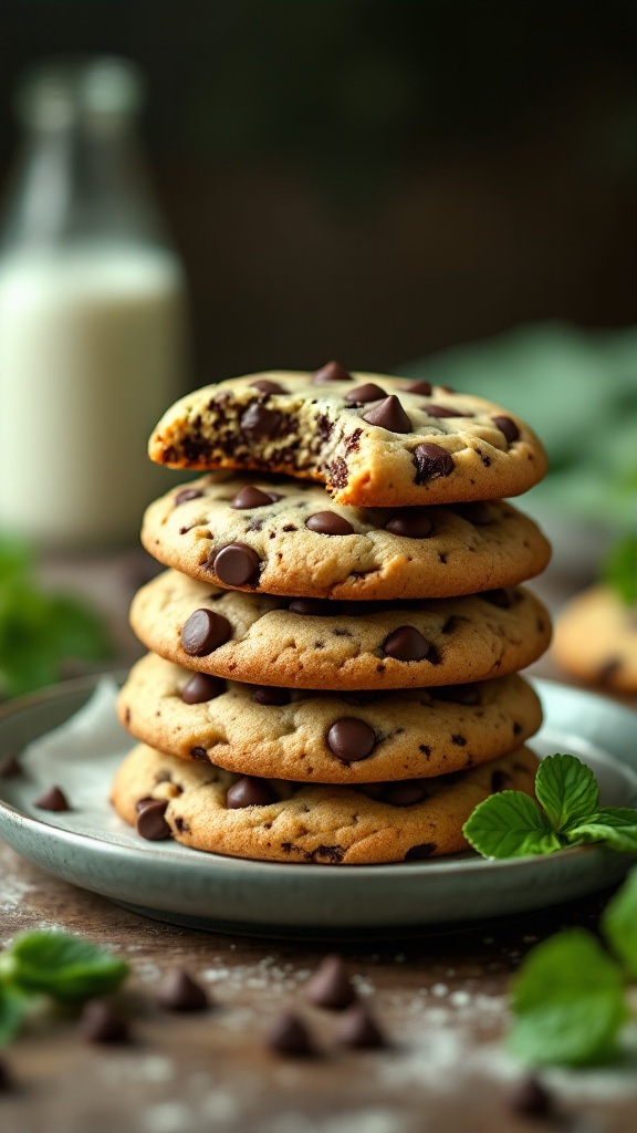 Keto Mint Chocolate Chip Cookies stacked on a plate