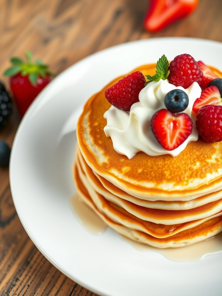 A stack of fluffy pancakes topped with fresh berries and whipped cream.