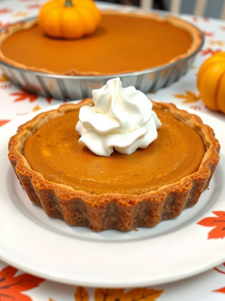 A slice of Keto Pumpkin Pie topped with whipped cream, surrounded by decorative pumpkins.