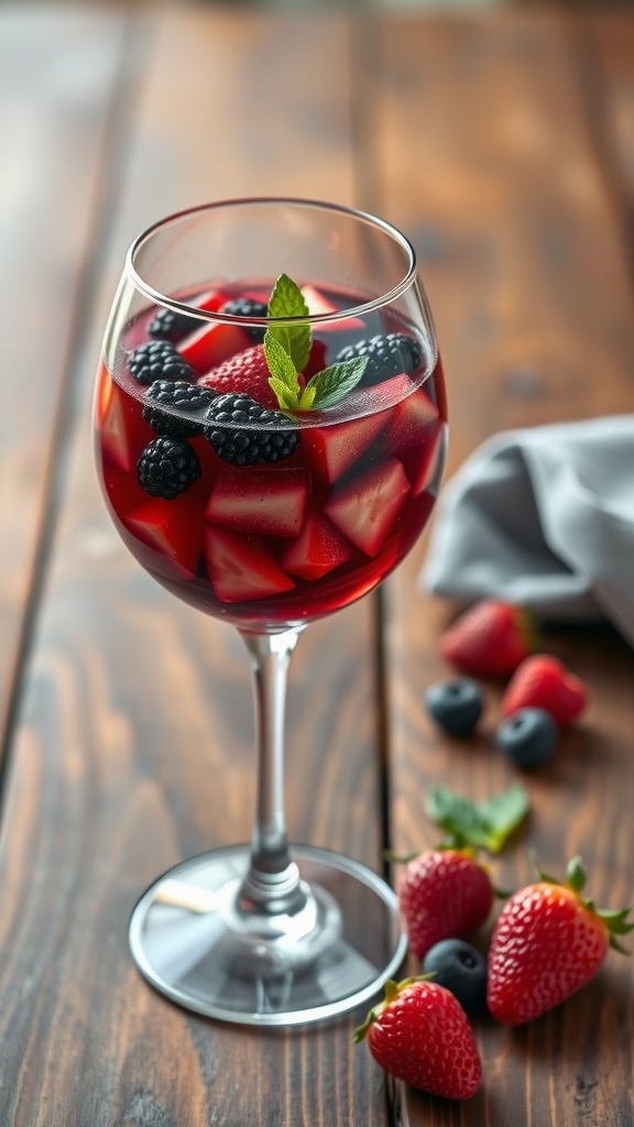 A refreshing glass of Keto Sangria with mixed berries, garnished with mint leaves.