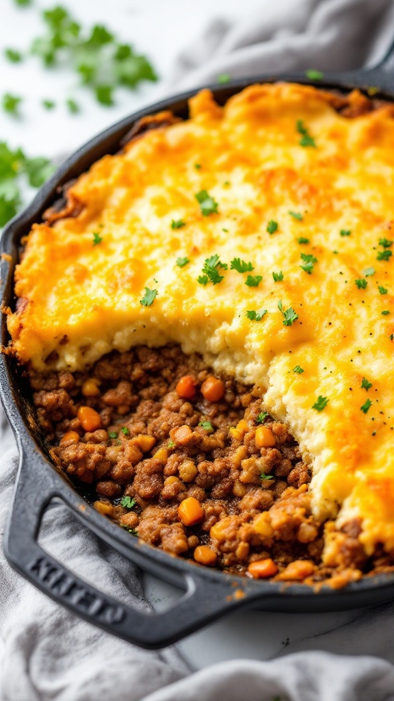 A delicious keto shepherd's pie with a golden cheesy top and a hearty meat filling.