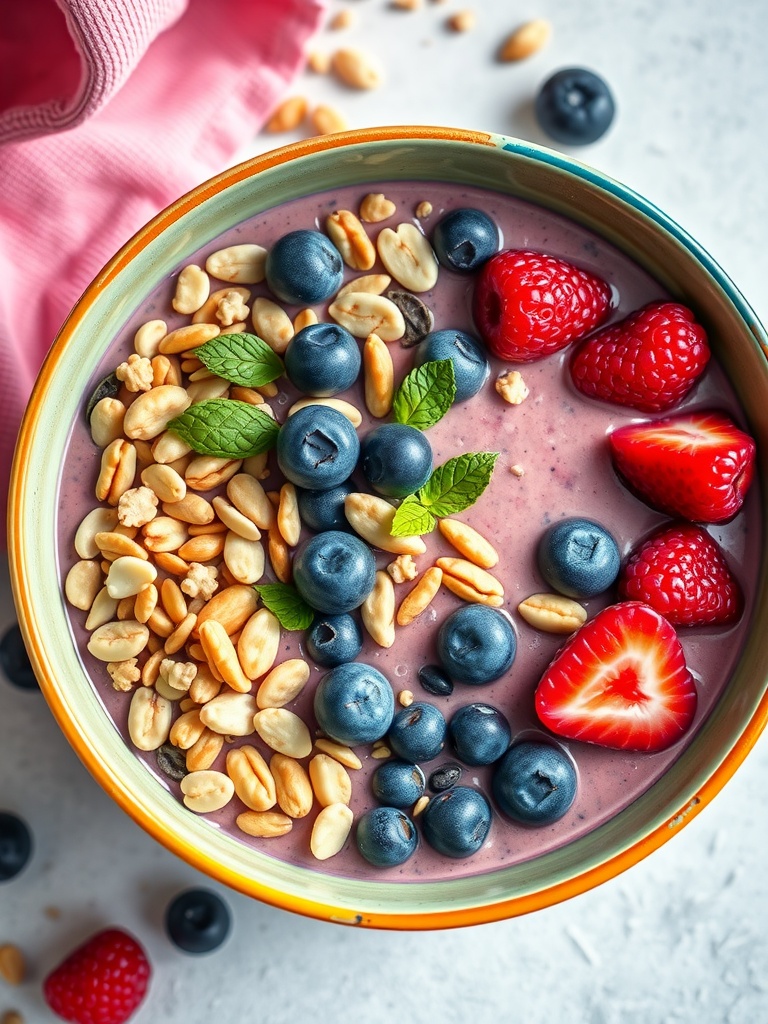 A colorful keto smoothie bowl topped with fresh berries and nuts.