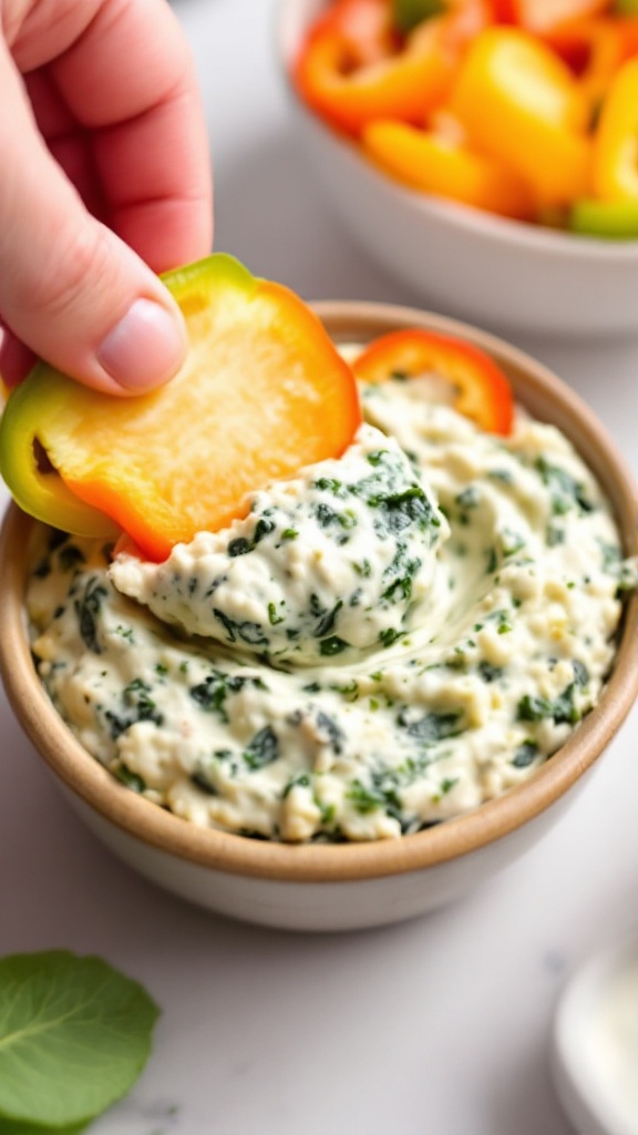 A bowl of creamy spinach artichoke dip garnished with fresh herbs, served with crackers.