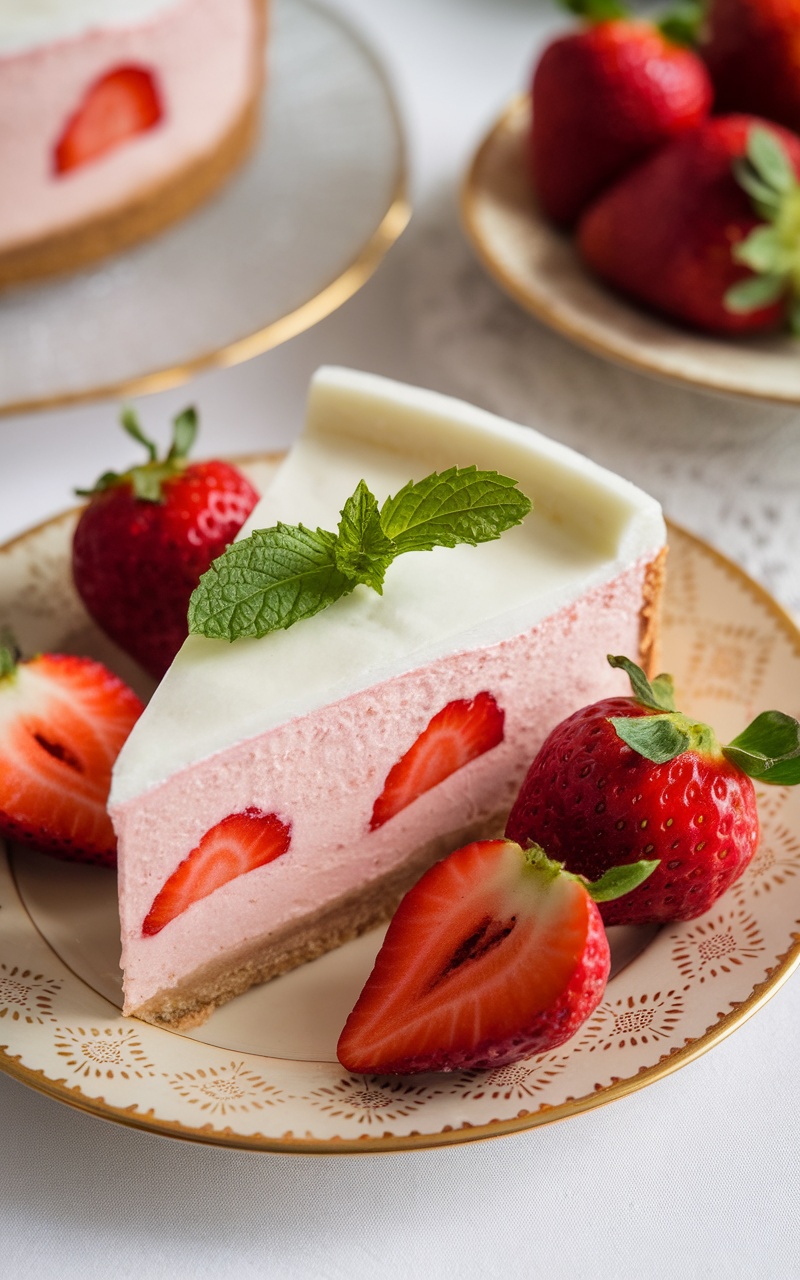 A slice of Keto Strawberry Cheesecake garnished with mint leaves and fresh strawberries.