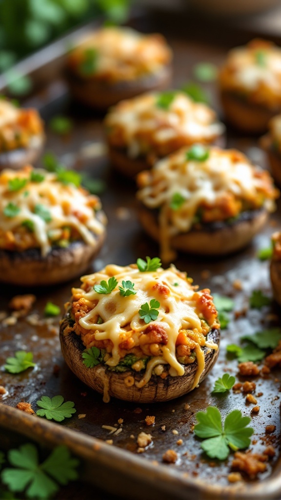 A tray of keto stuffed mushrooms topped with melted cheese and garnished with parsley.