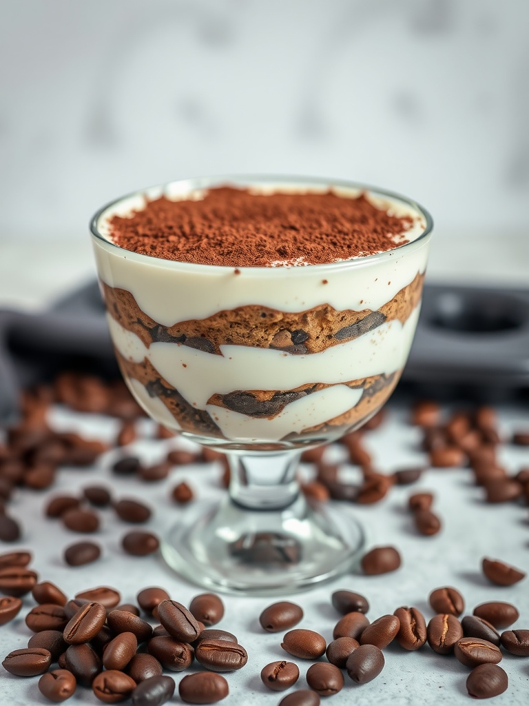 Keto Tiramisu dessert in a glass with coffee beans scattered around