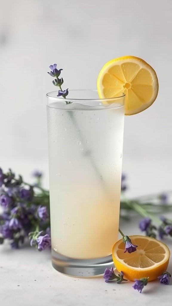 A refreshing glass of Lavender Lemonade Spritzer with lemon and lavender garnishes.