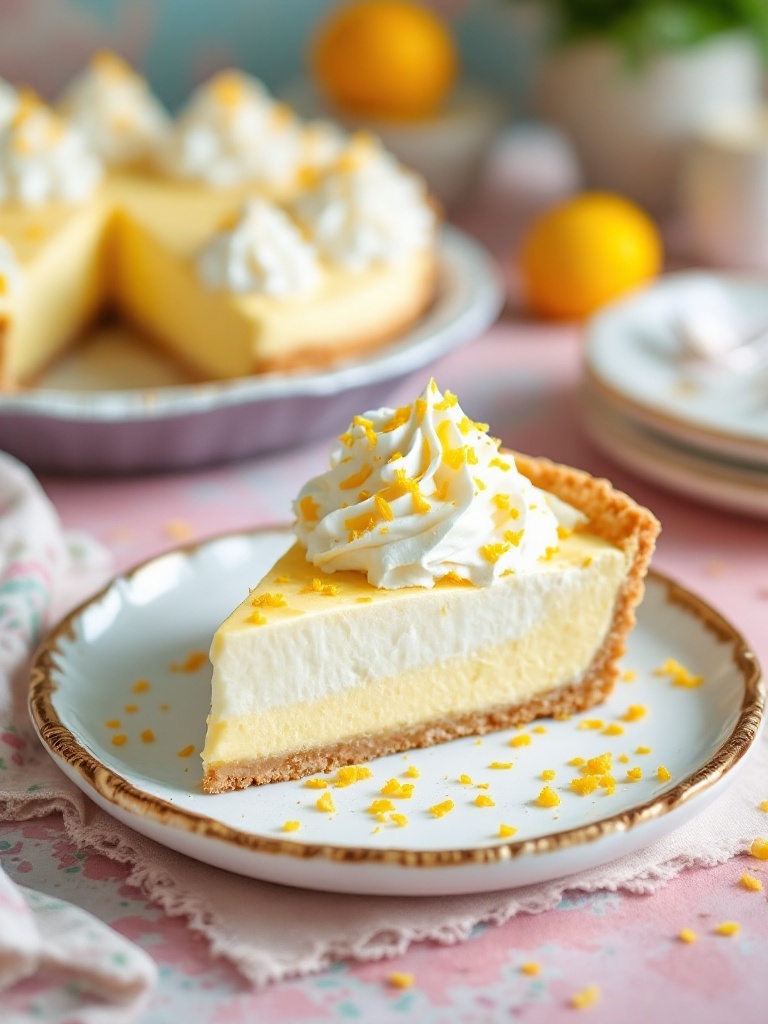 Slice of lemon coconut cream pie with whipped cream and lemon zest