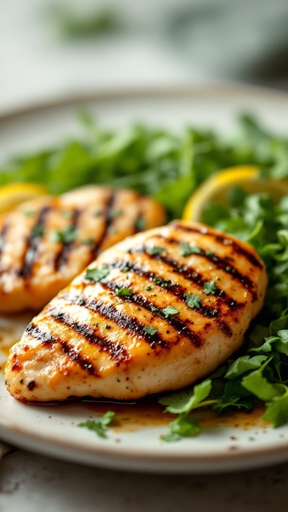 Grilled chicken breasts garnished with herbs on a plate