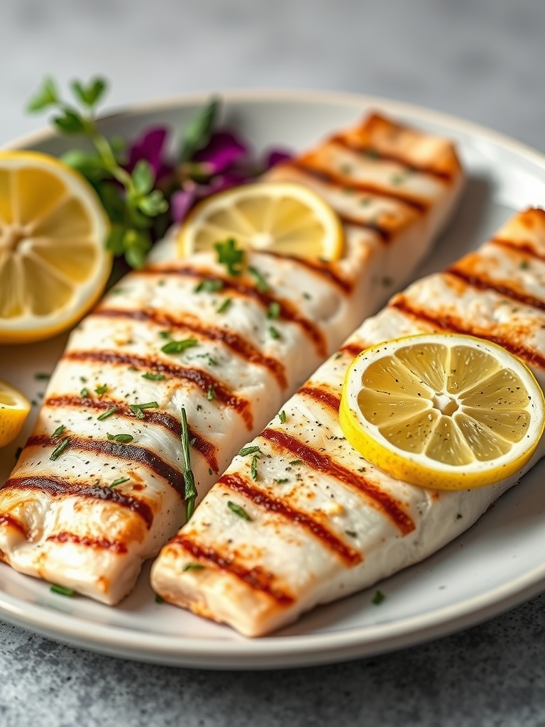 Grilled fish garnished with lemon slices and herbs