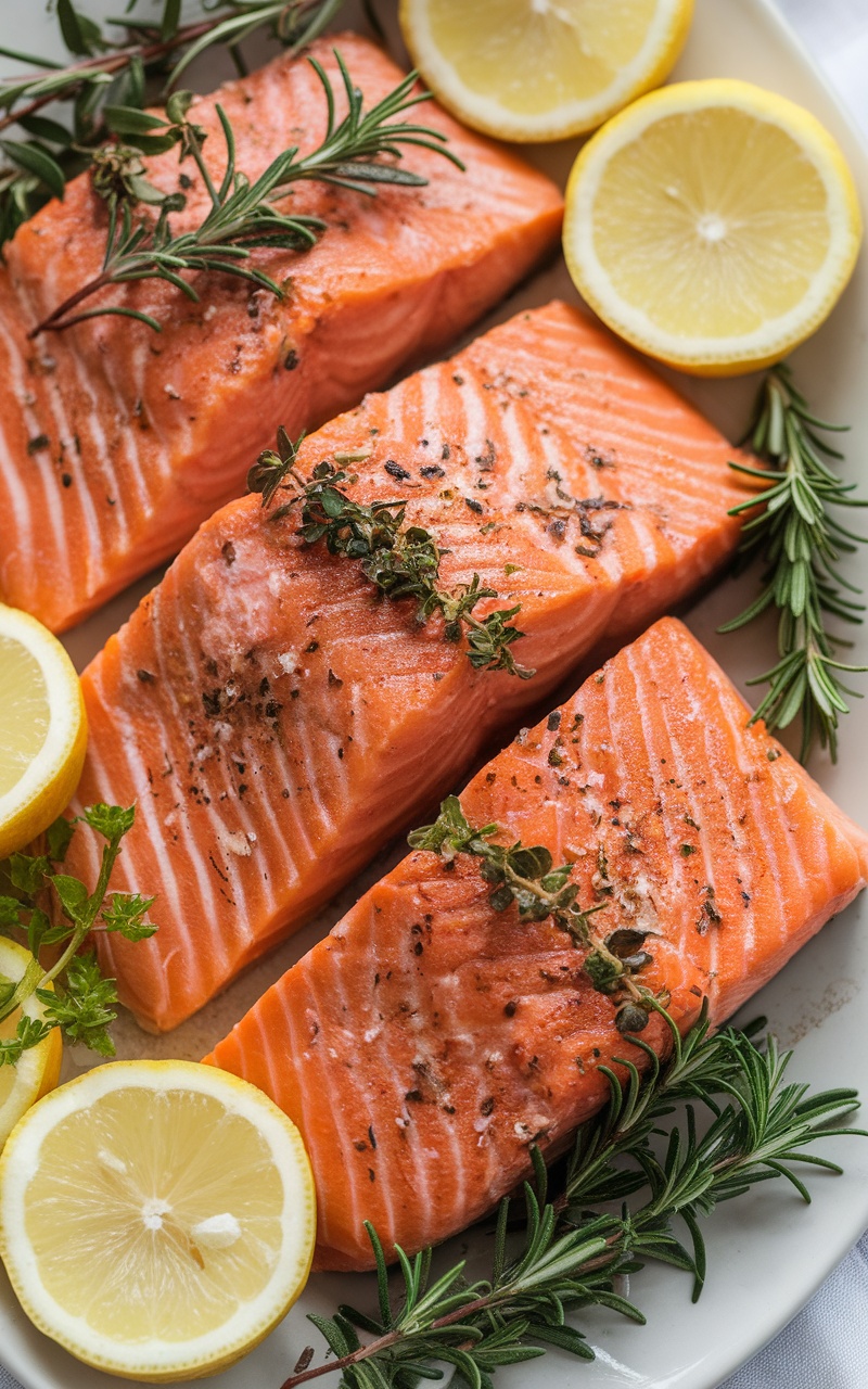 Grilled salmon fillets garnished with lemon slices and fresh herbs