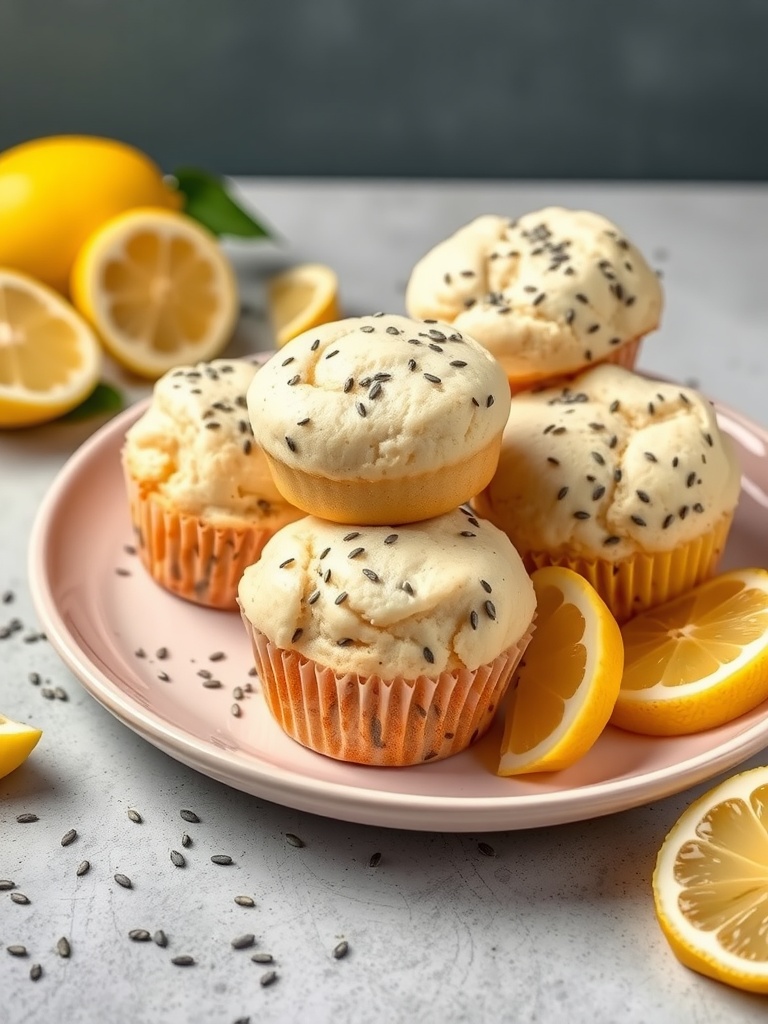 Lemon poppy seed muffins on a pink plate with lemon slices