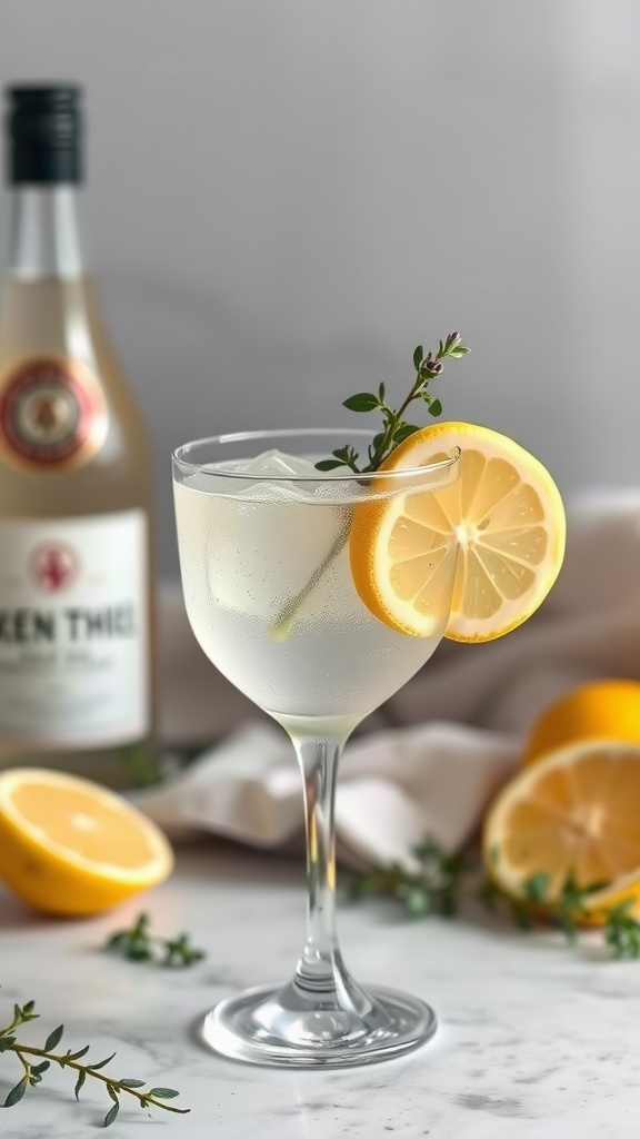 A refreshing Lemon Thyme Collins cocktail garnished with lemon and thyme sprig.