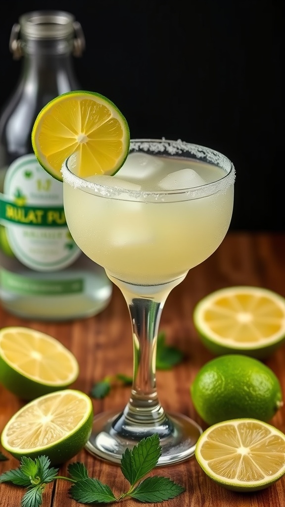 A refreshing low-carb margarita with fresh lime, served in a glass with a salted rim.