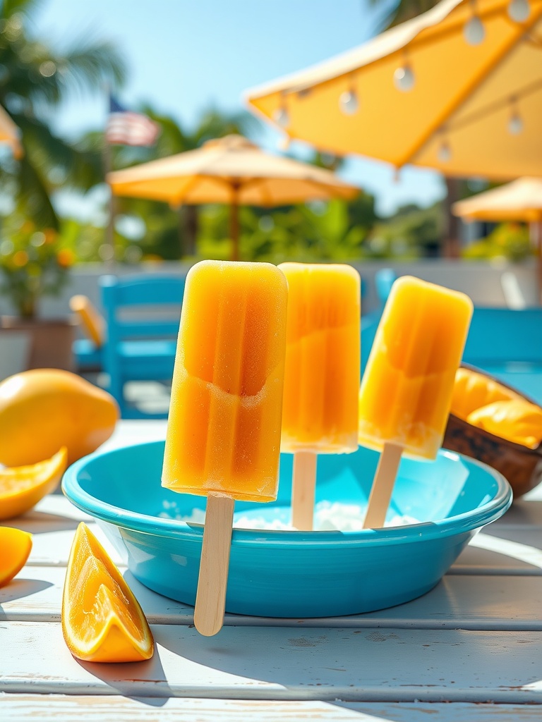 Mango Coconut Popsicles on a sunny day with tropical elements