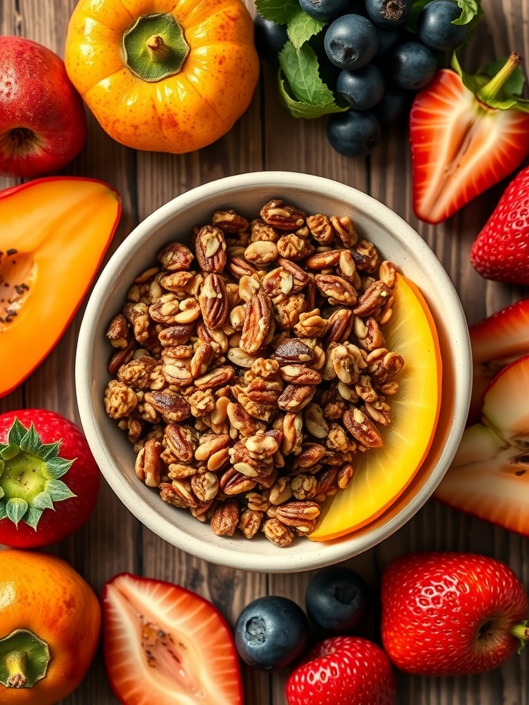 A bowl of maple pecan granola surrounded by fresh fruits.