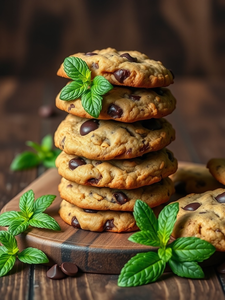 Mint chocolate chip cookies stacked with mint leaves