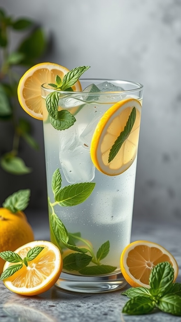 A refreshing Minty Basil Lemonade Cocktail garnished with lemon slices and fresh mint.