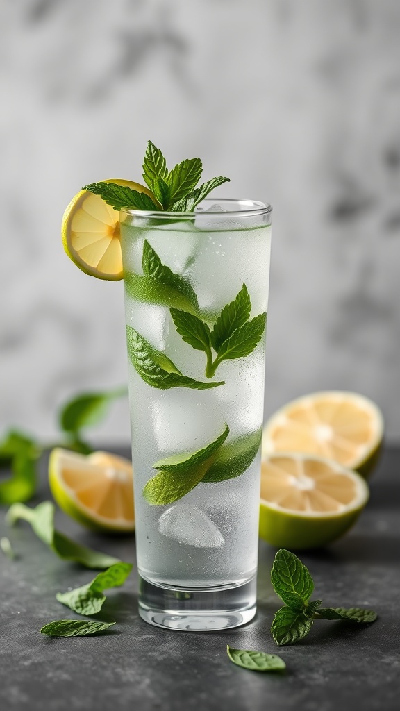 A refreshing mojito mocktail with mint and lemon slices.