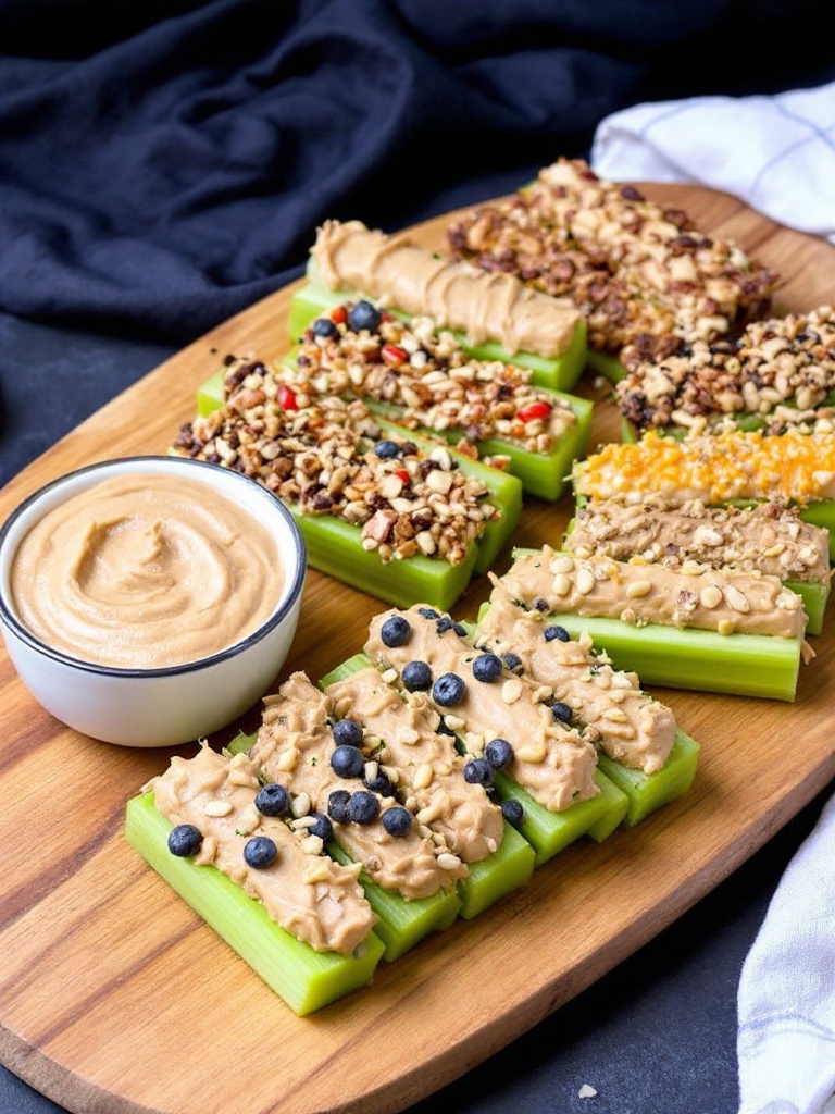 Celery sticks with almond butter and pecans