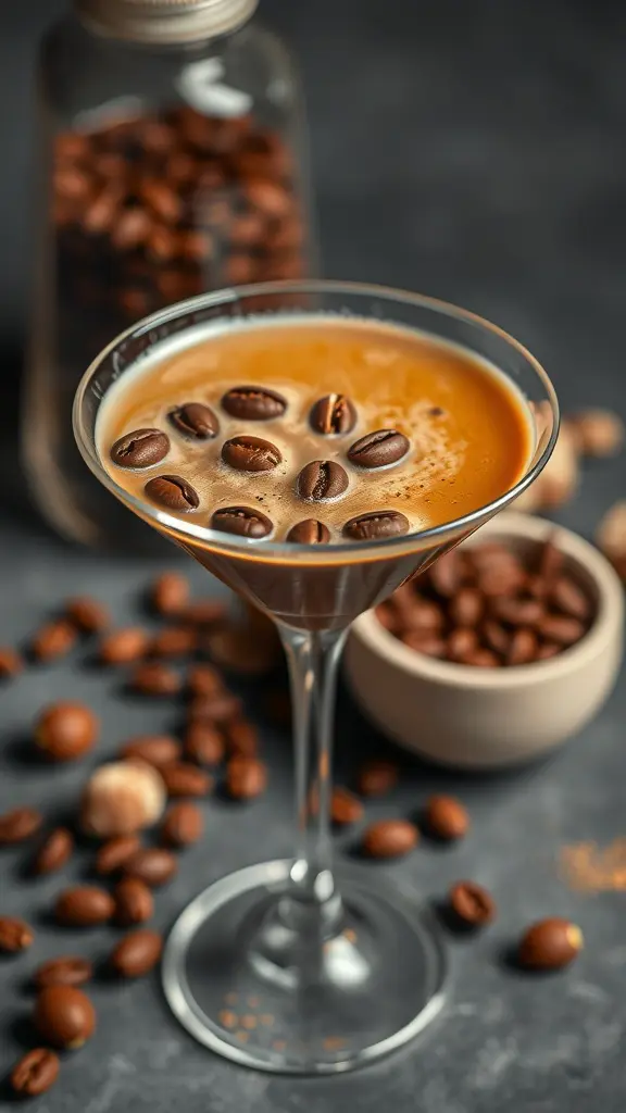 A beautifully crafted Nutty Hazelnut Espresso Martini garnished with coffee beans.