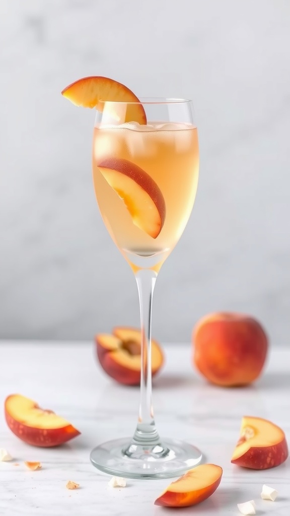 A refreshing peach bellini cocktail with peach slices garnishing the rim.