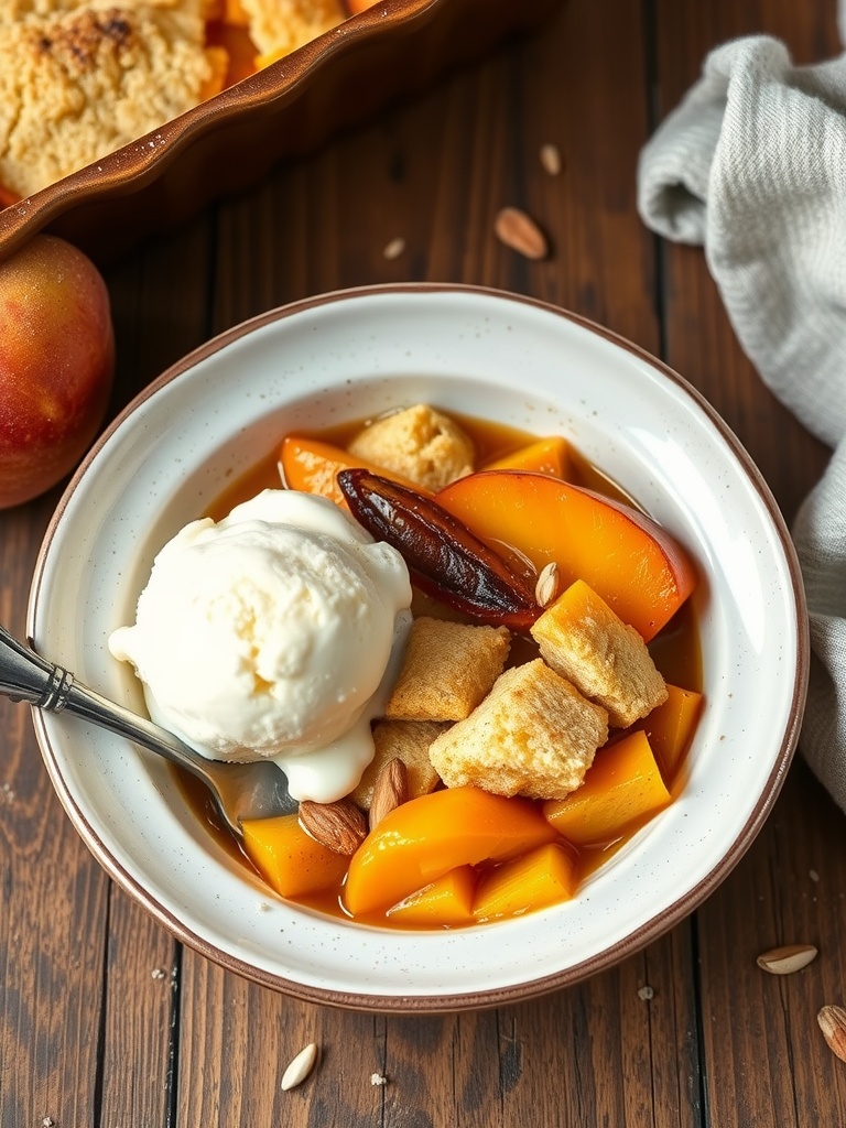 A serving of peach cobbler with almond flour topped with ice cream