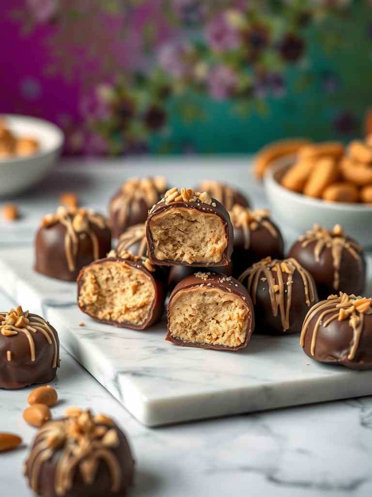 Peanut Butter Chocolate Fat Bombs arranged on a marble platter, some cut in half to show the filling.