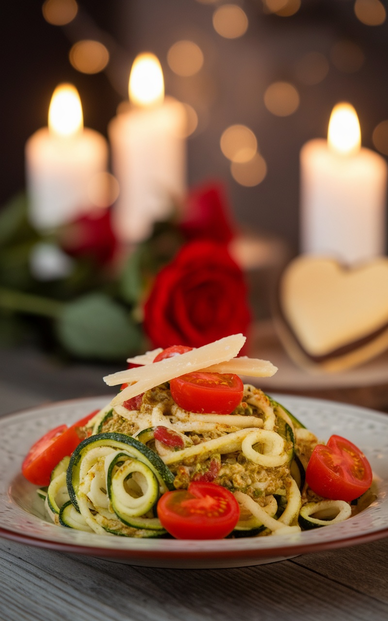 A plate of pesto zoodles with cherry tomatoes, garnished with Parmesan cheese.