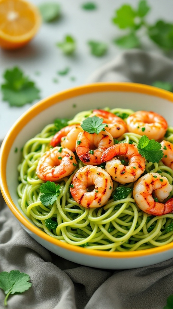 A bowl of pesto zoodles topped with grilled shrimp and garnished with fresh herbs.