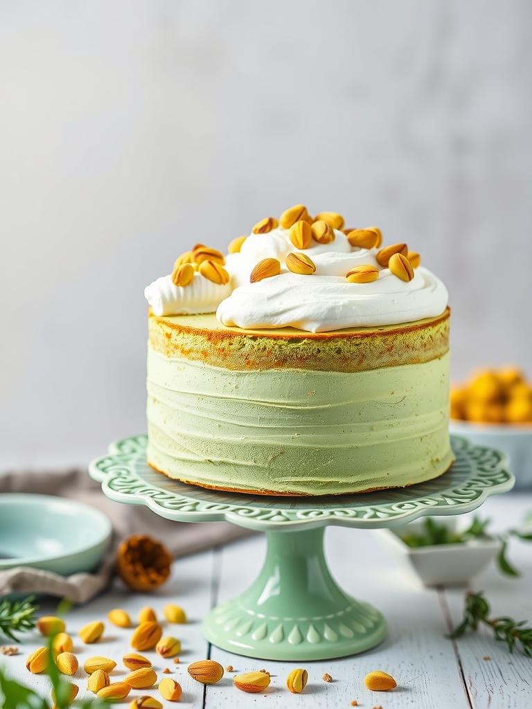 A deliciously decorated pistachio keto cake topped with whipped cream and garnished with pistachios.