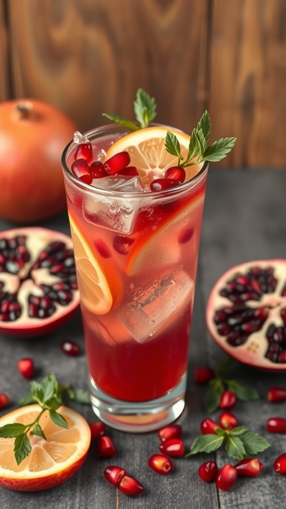 A refreshing glass of Pomegranate Citrus Cooler garnished with mint and pomegranate seeds.