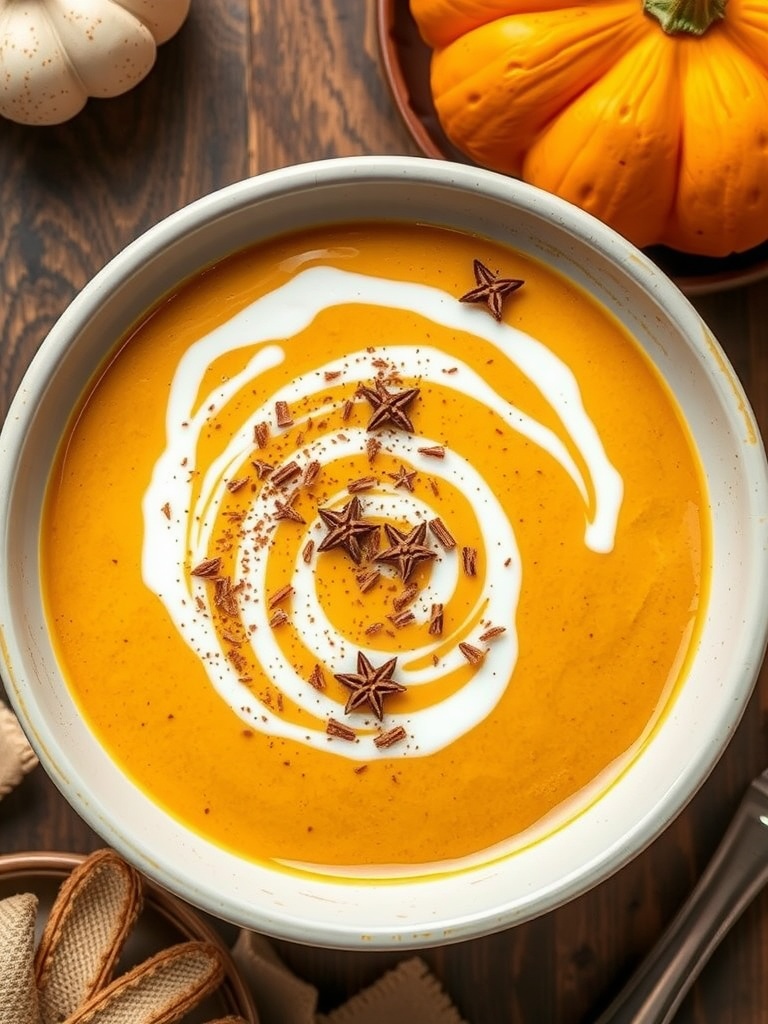 A bowl of creamy pumpkin soup topped with coconut milk swirls and star anise garnishes.