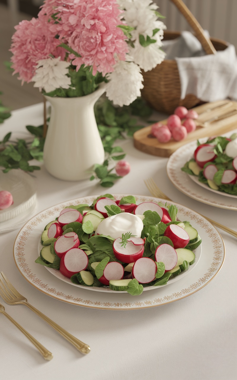 A fresh salad featuring radishes and cucumbers, beautifully arranged on a plate.