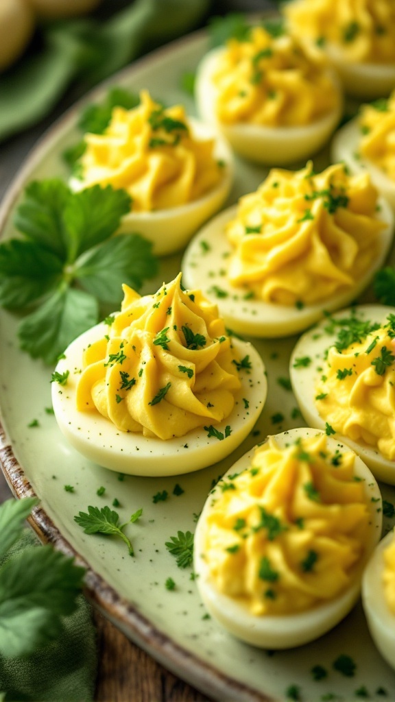 Deviled eggs topped with ranch dressing and garnished with herbs