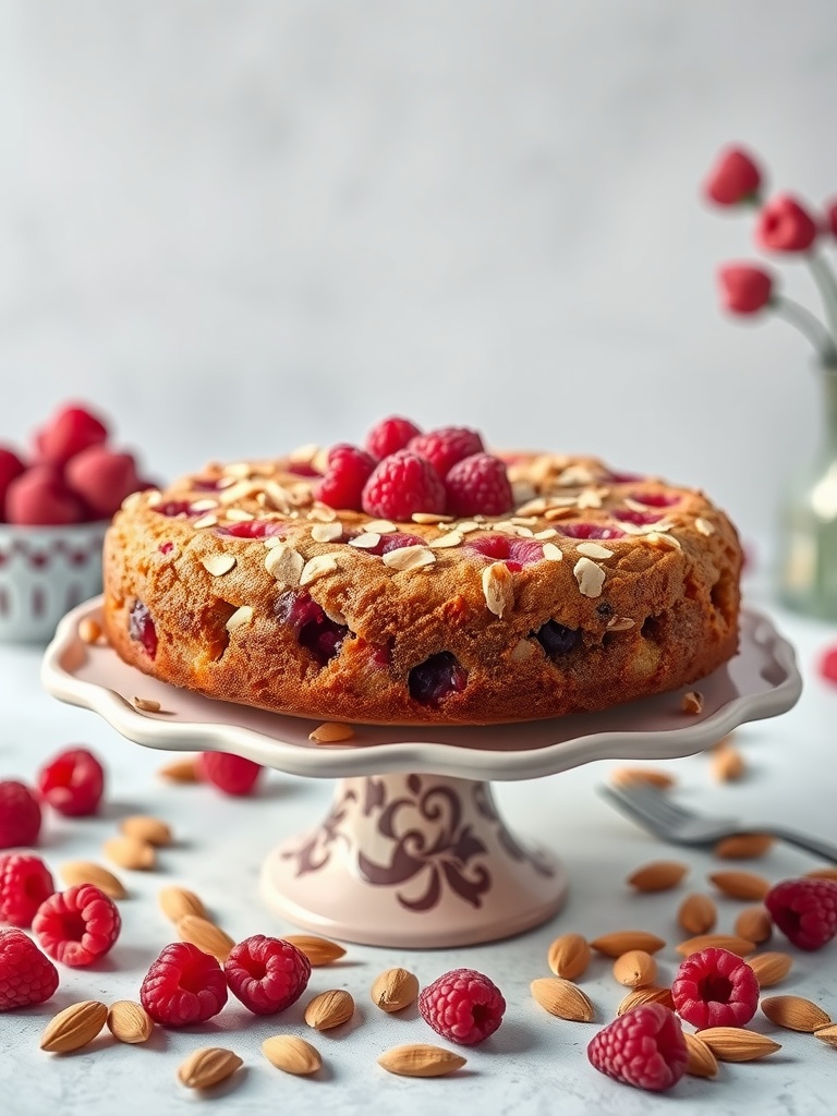 A delicious Raspberry Almond Cake topped with fresh raspberries and sliced almonds, perfect for Easter.