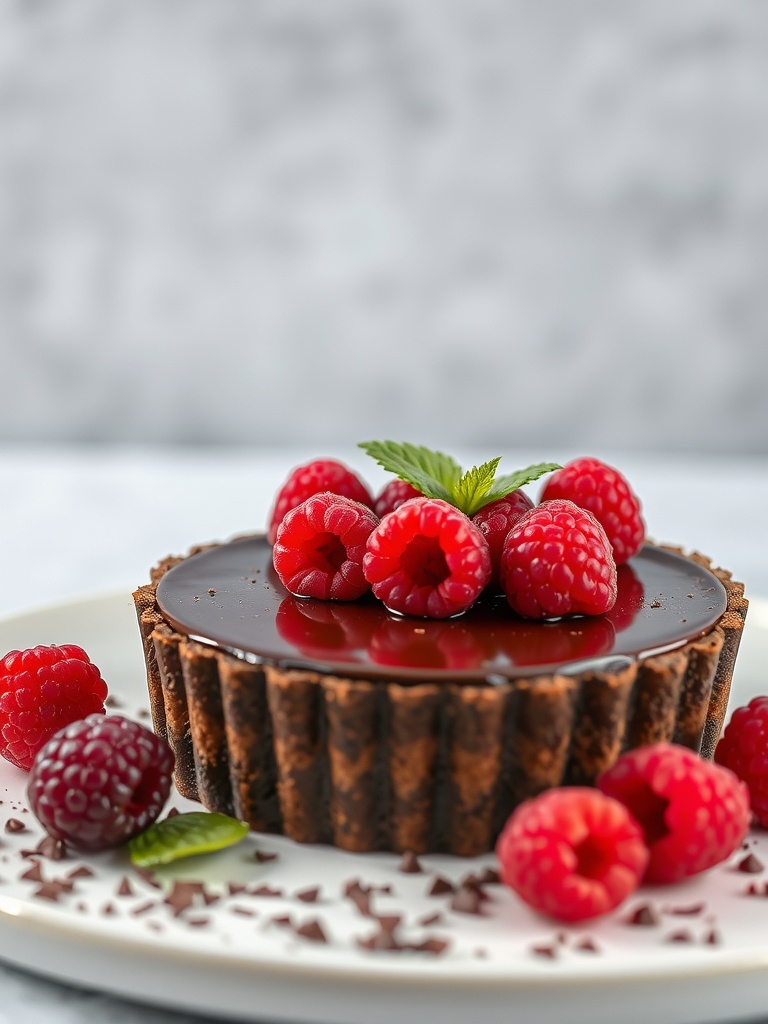 A beautifully arranged raspberry chocolate tart topped with fresh raspberries and mint leaves, set on a plate.