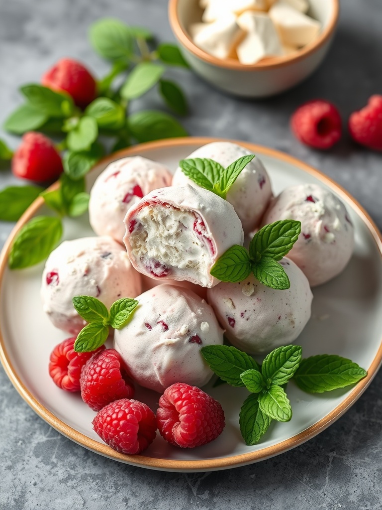 A plate of raspberry cream cheese fat bombs garnished with fresh raspberries and mint leaves.